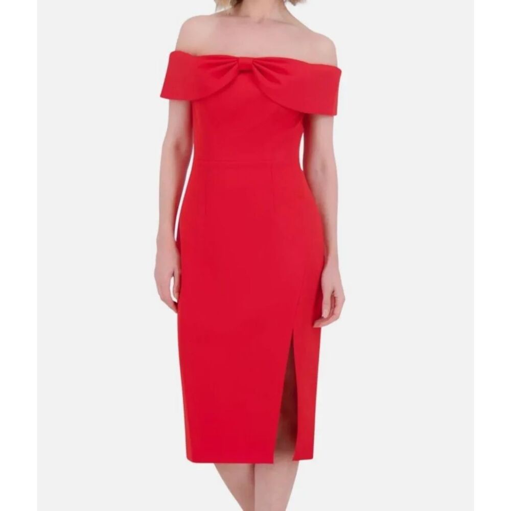Eliza J Red Off Shoulder Bow Midi Dress Size 4 NWT
